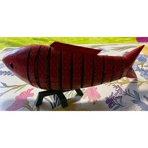 Handcrafted Red Articulated Wooden Fish Sculpture by Red Fish Designs Rare